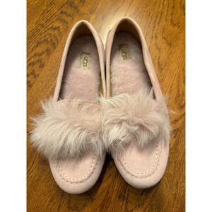 UGG Lane Pink Suede Sheepskin Fur Pom Pom Loafers Shoes 1102689 Mens 6/Womens 8